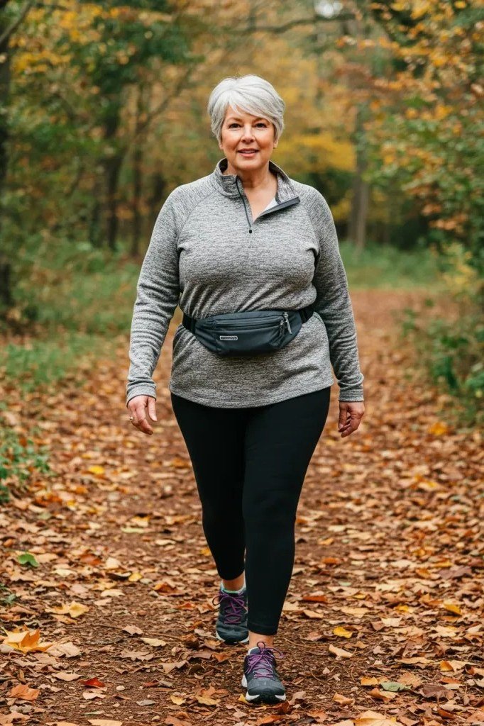 plus-size woman over 60 wearing grey half-zip pullover with leggings and fanny pack on forest path