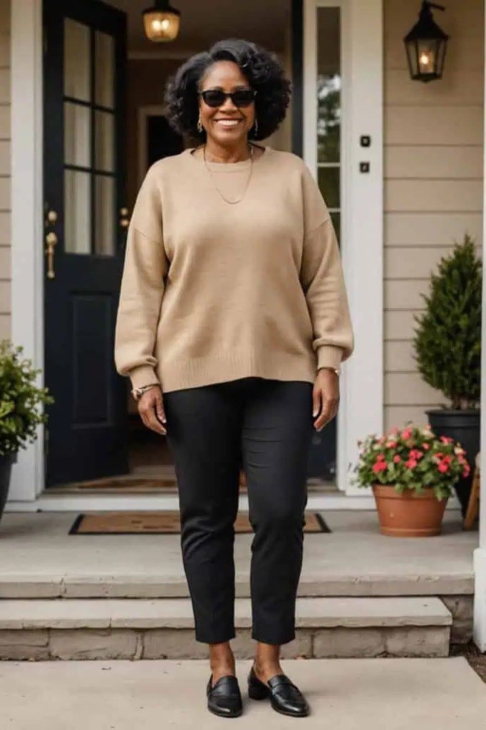 plus-size Black woman over 60 wearing tan knit sweater with black cropped pants on porch