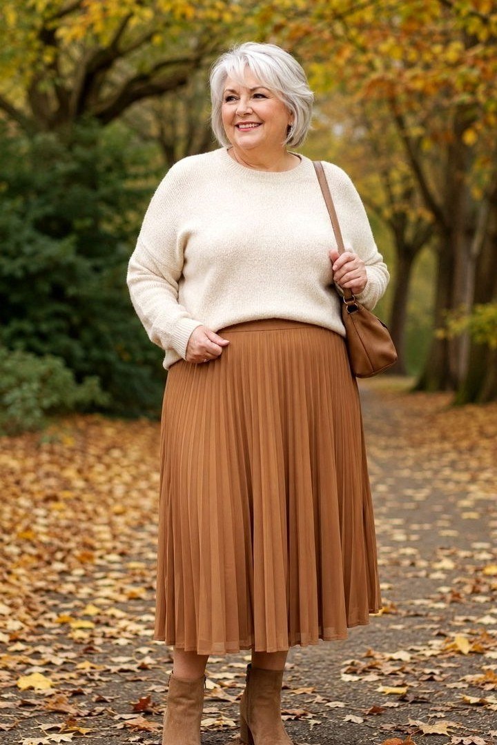 plus-size woman over 60 wearing cream sweater with camel pleated midi skirt and ankle boots