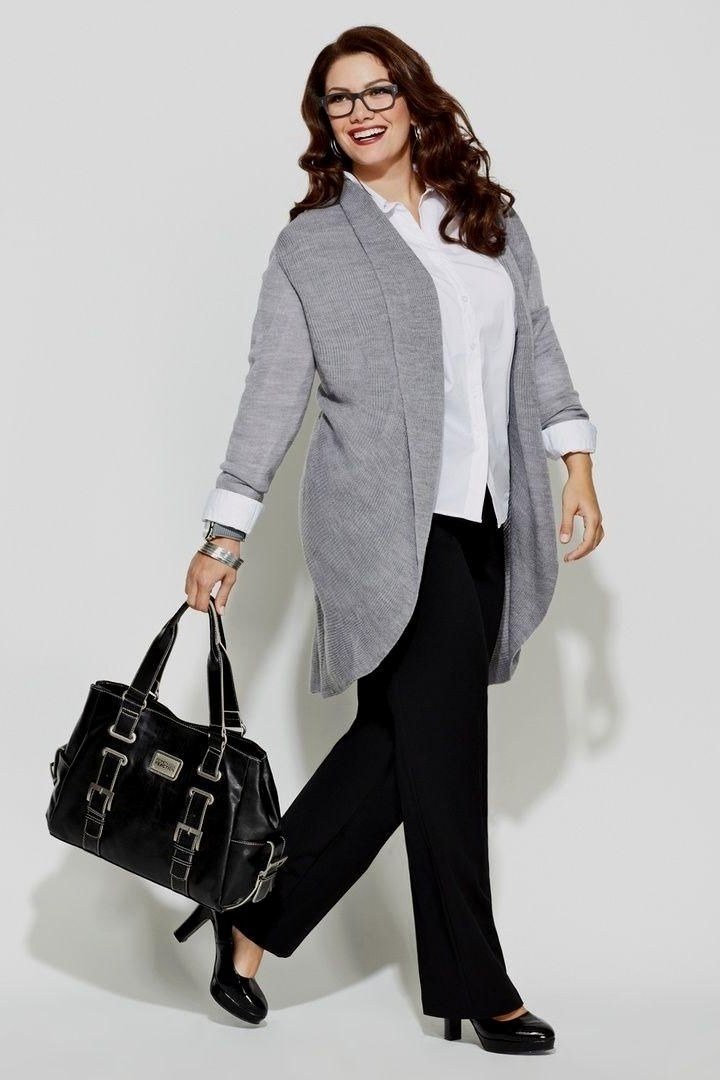 plus-size older woman wearing long grey cardigan with white shirt and wide-leg trousers