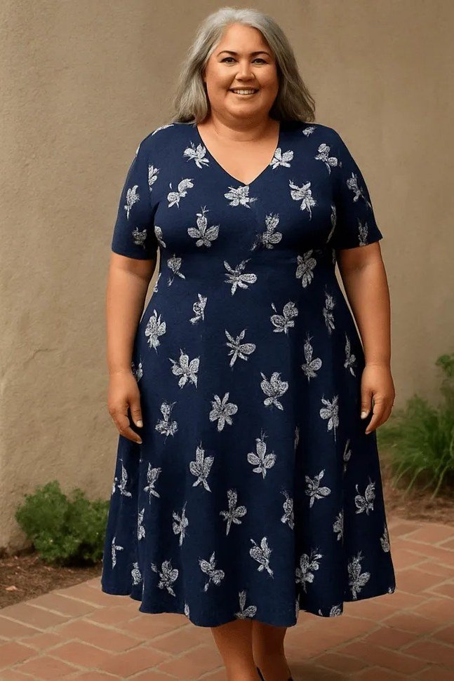 plus-size older woman wearing navy floral midi dress with pockets in courtyard