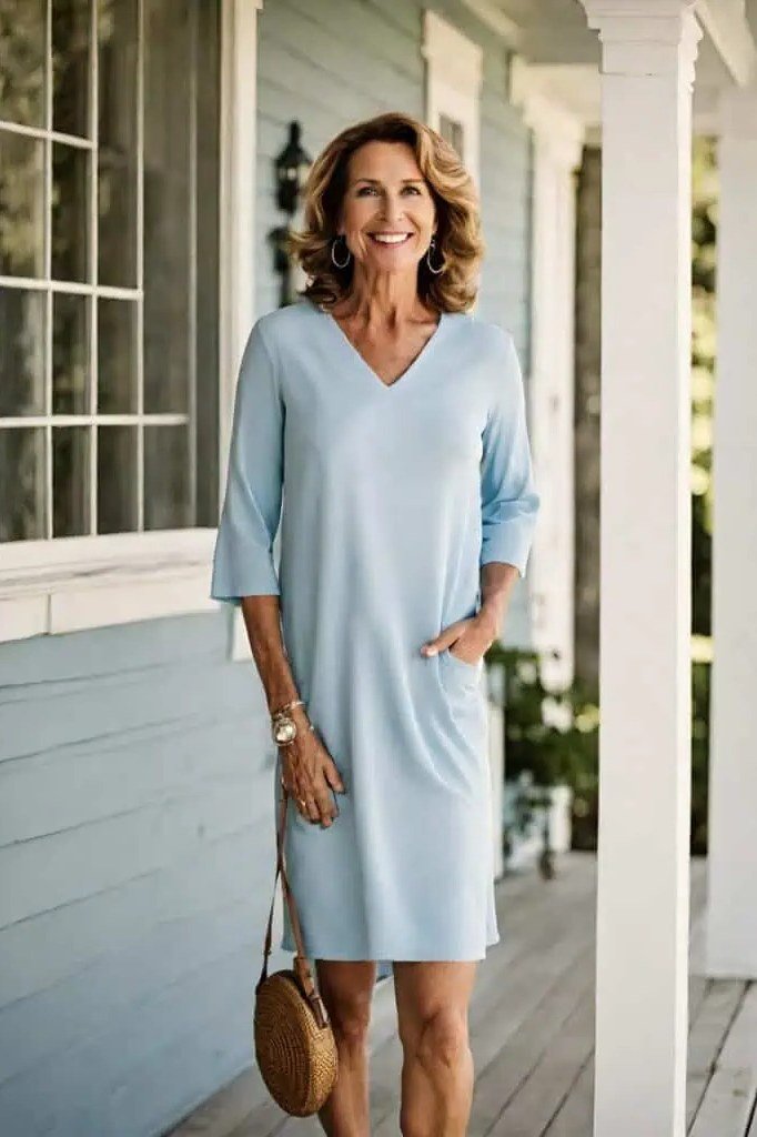 plus-size woman over 60 wearing light-blue v-neck shift dress with woven crossbody bag