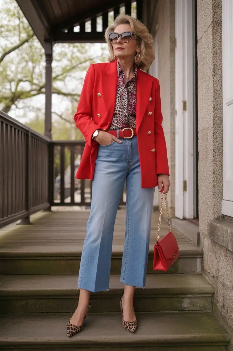 plus-size woman over 60 wearing red blazer with cropped flare jeans and red handbag on porch