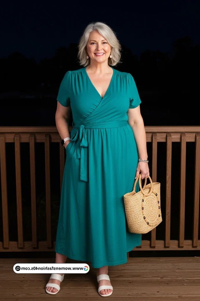 plus-size woman over 60 wearing teal wrap maxi dress with straw tote on deck at dusk