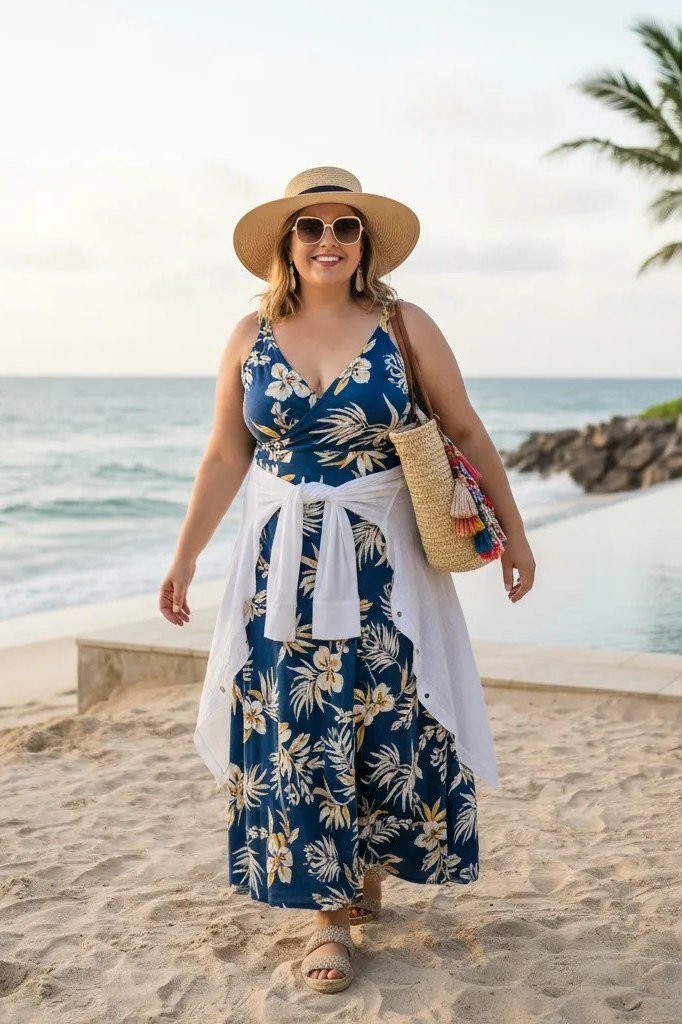 plus-size woman over 60 wearing blue floral maxi dress with cream cardigan and straw hat at beach