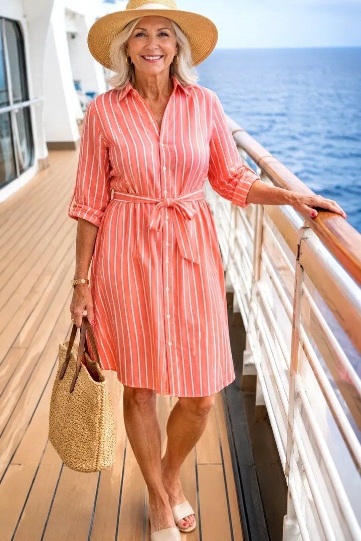 plus-size woman over 60 wearing pink striped shirt-dress with straw hat and tote on cruise deck