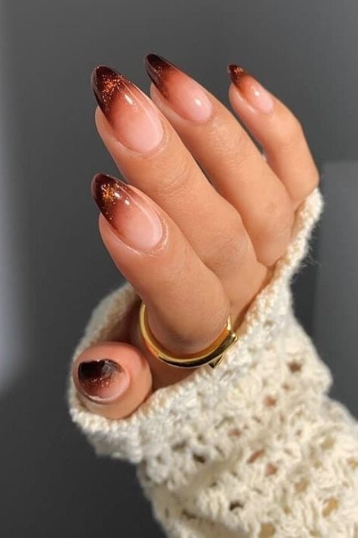 Burgundy glitter ombre French almond nails with white polka dots, fall nail art