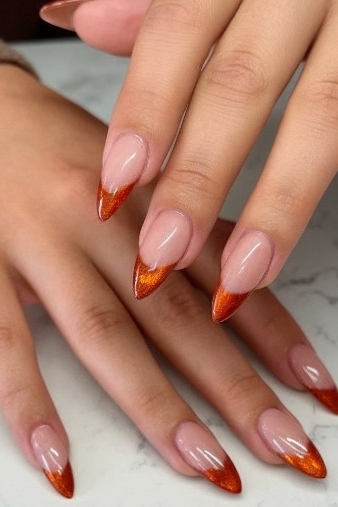 Nude almond nails with burnt orange shimmer French tips, fall French tip nails for women over 50
