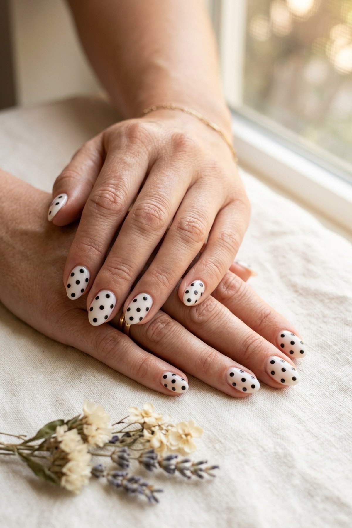 Nude almond nails with black and white polka dots, playful fall nail art for older women