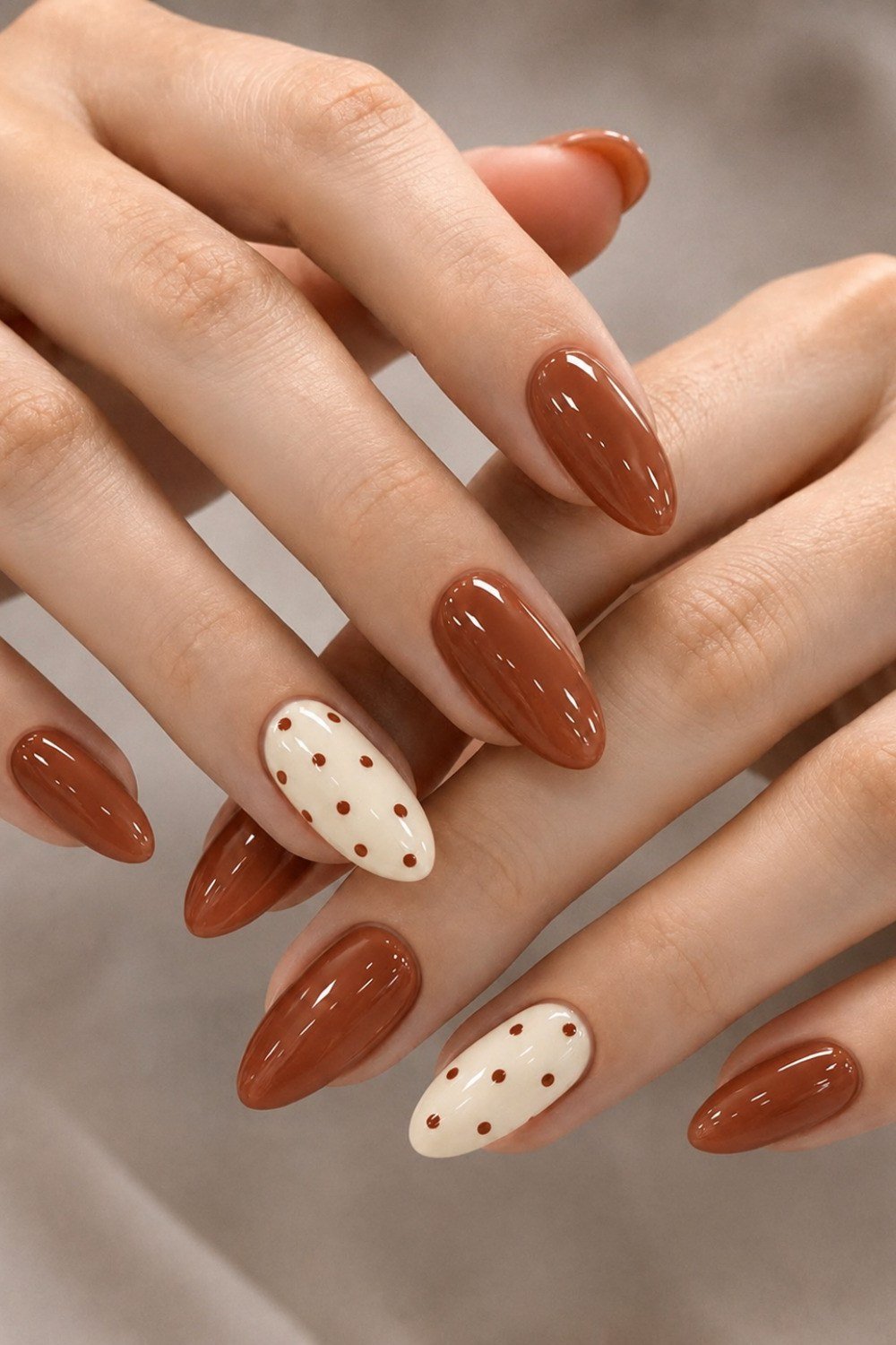 Terracotta almond nails with cream polka dot accent nails, earthy fall nail art