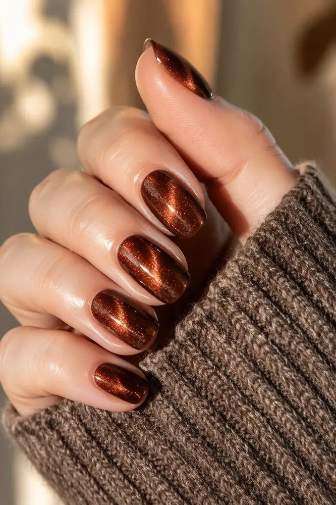 Copper cat-eye almond nails peeking from a chunky knit sweater cuff