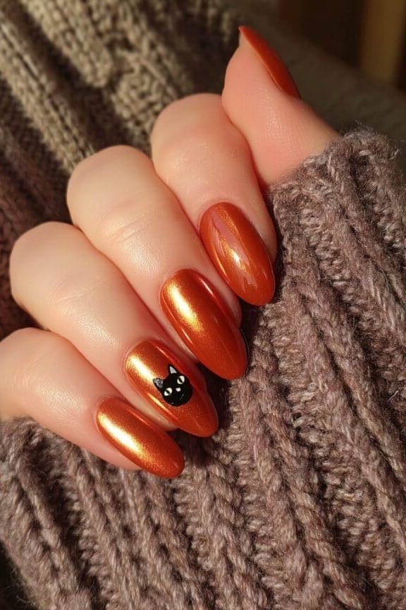 Burnt orange cat-eye almond nails with a black cat accent nail, playful fall nail art