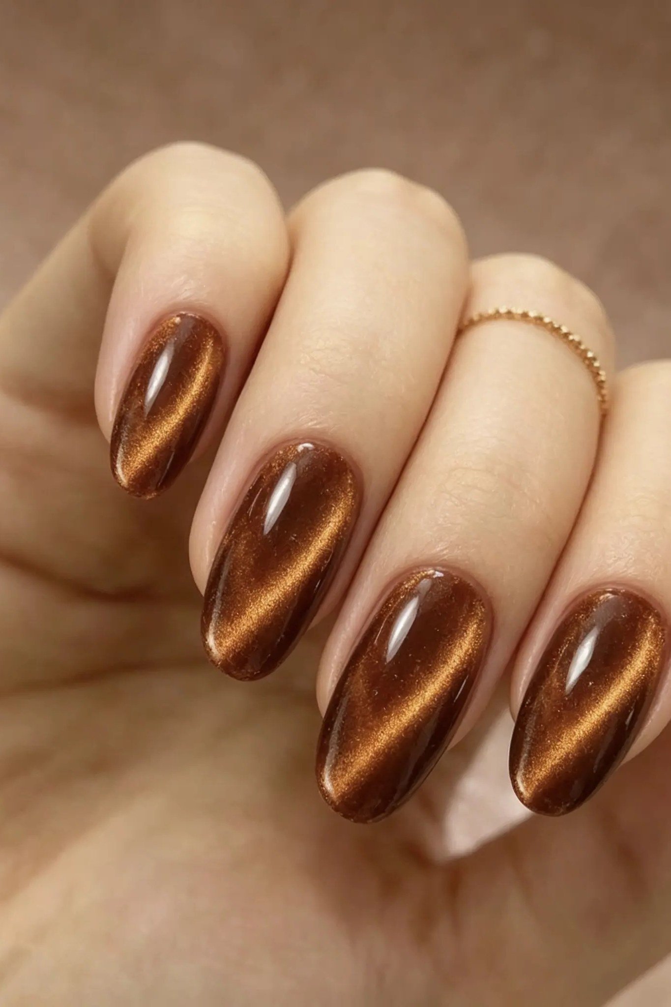 Caramel cat-eye oval nails, soft fall nail design for women over 50