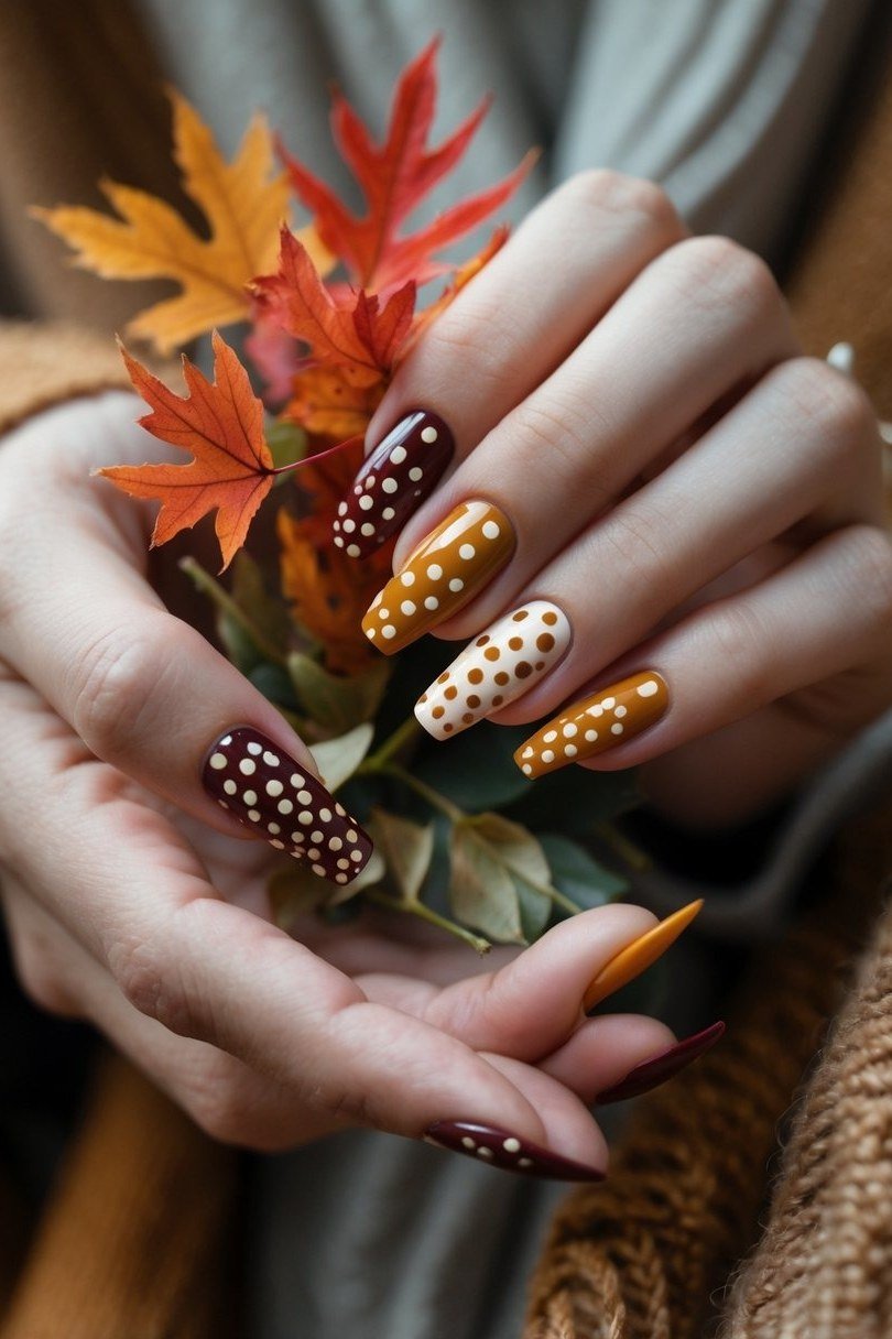 Amber cat-eye almond nails with white polka dots holding autumn leaves