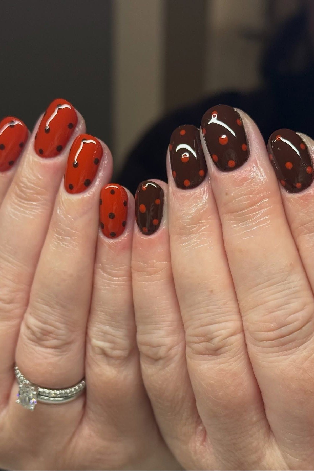 Burgundy and burnt orange dotted squoval nails, two tone fall nail art