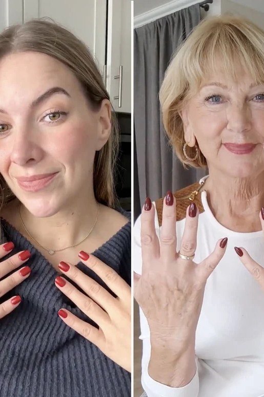Older and younger woman side by side showing dark red press-on nails