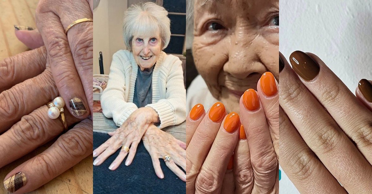 Collage of flattering press on nail designs for women over 60