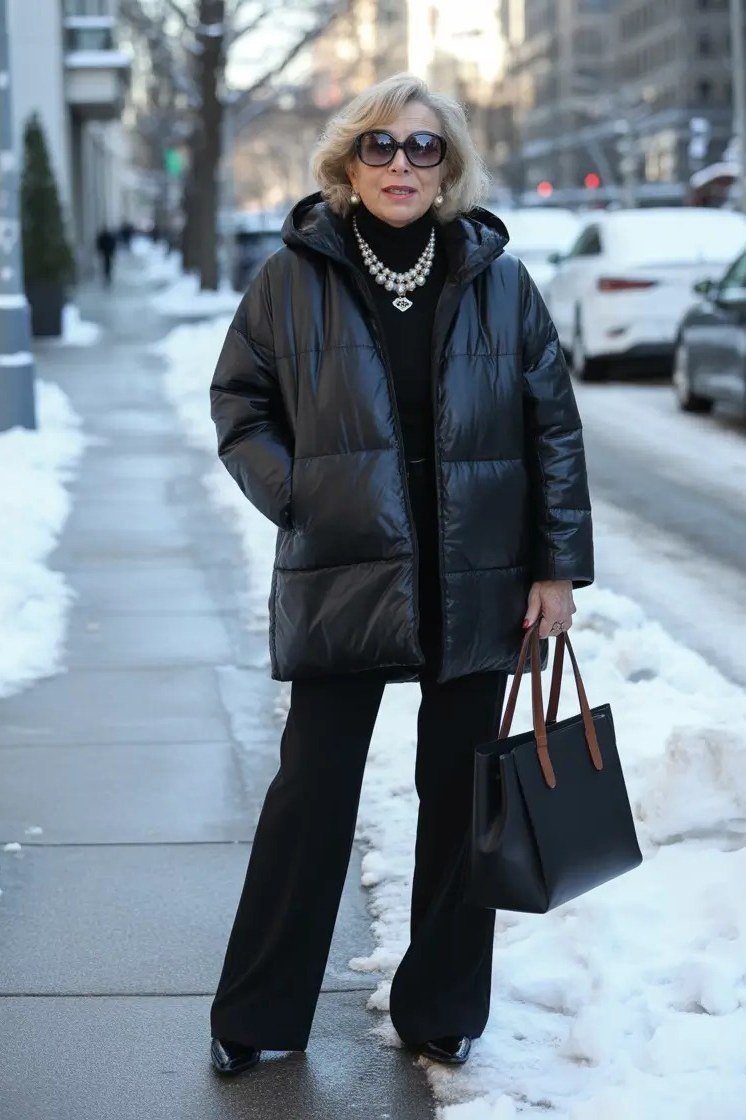 Older woman with glasses wearing a long black puffer coat on a snowy street