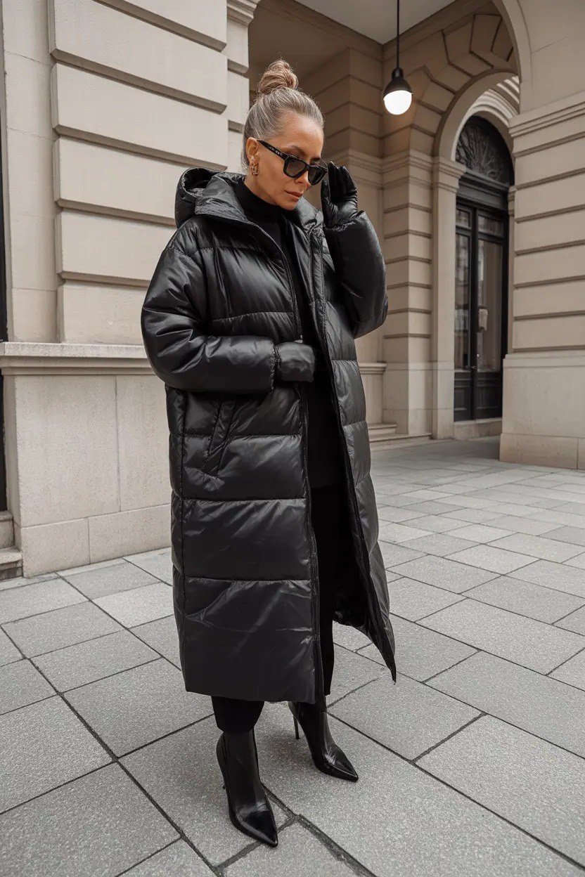 Woman over 60 wearing a long black puffer coat with black boots, city street style