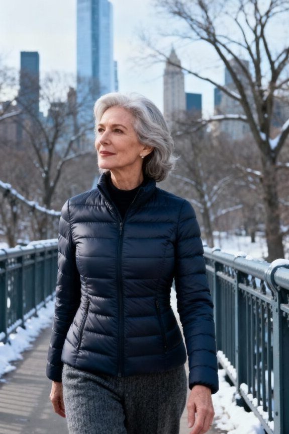 Woman over 60 wearing a navy fitted puffer coat with gray trousers in a snowy park