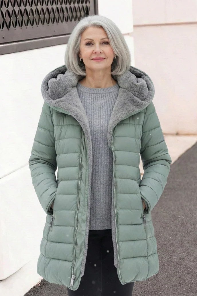 Older woman wearing a sage-green hooded puffer coat over a gray top on a sidewalk