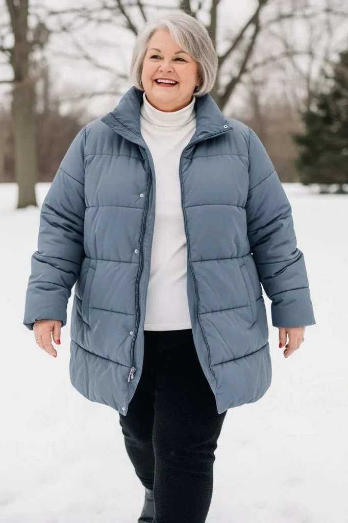 Woman over 60 wearing a dusty-blue puffer coat over a white turtleneck on a snowy street