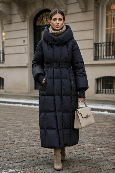 Woman over 60 wearing a long belted navy puffer coat with a beige handbag on a cobblestone street