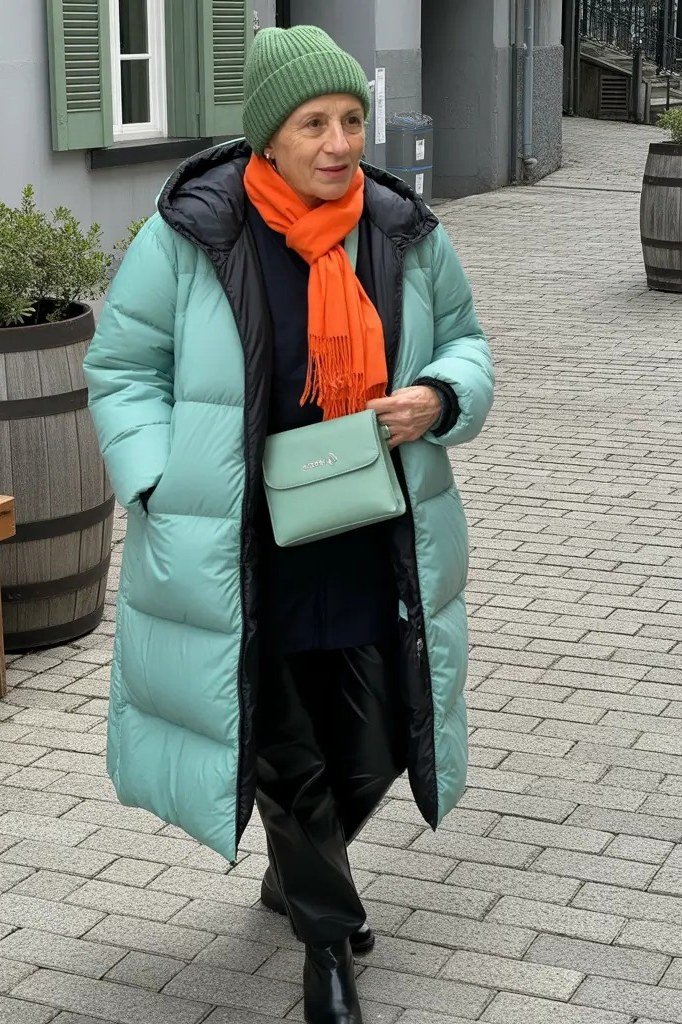 Woman over 60 wearing a mint-green puffer coat with a green beanie and orange scarf on a cobblestone street