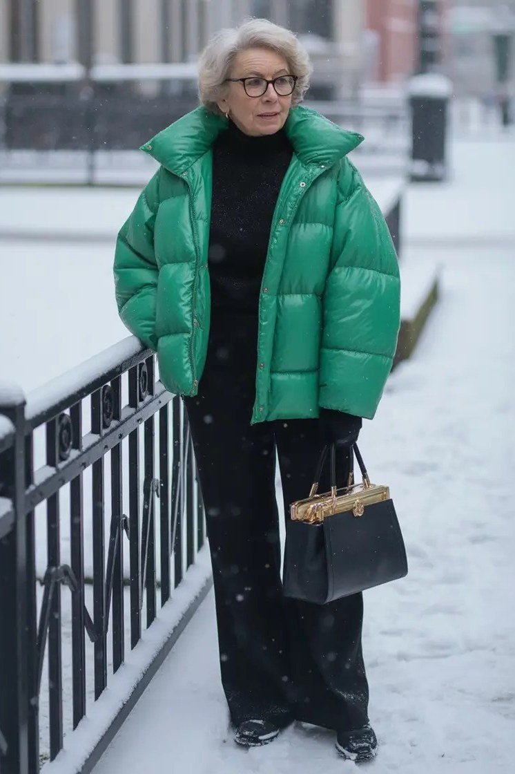 Woman over 60 wearing a green puffer coat with a dark handbag by a snowy railing