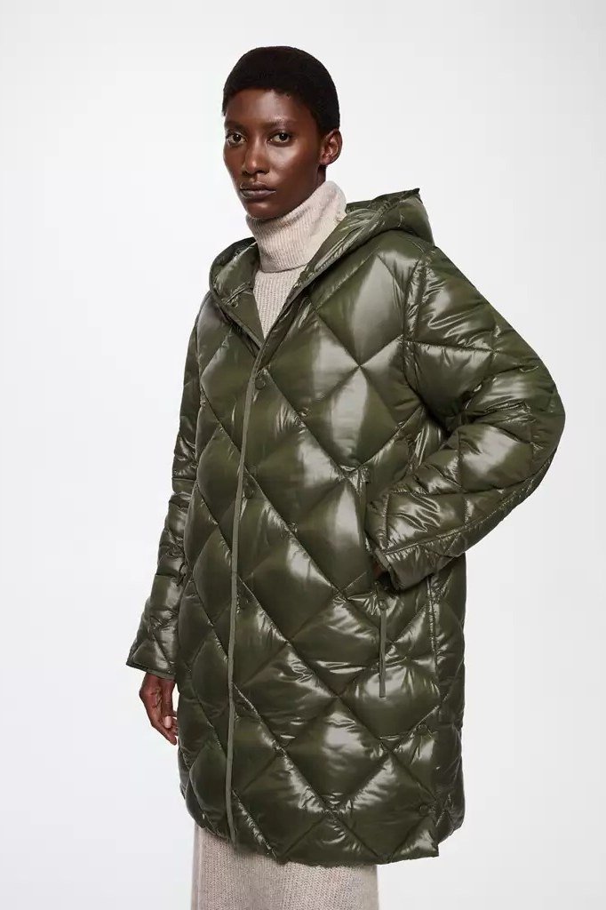 Olive diamond-quilted long puffer coat, front view