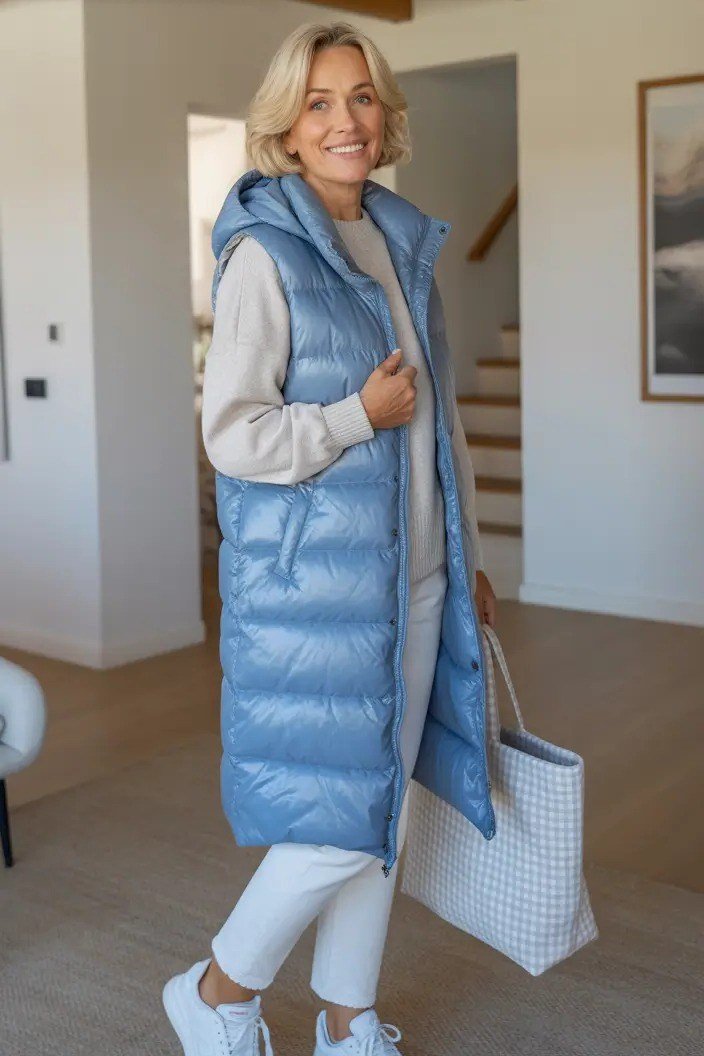 Woman over 60 wearing a light-blue long puffer vest over a white outfit with sneakers