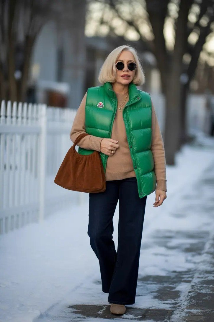 Woman over 60 wearing a green puffer vest over a camel sweater with dark trousers on a snowy path