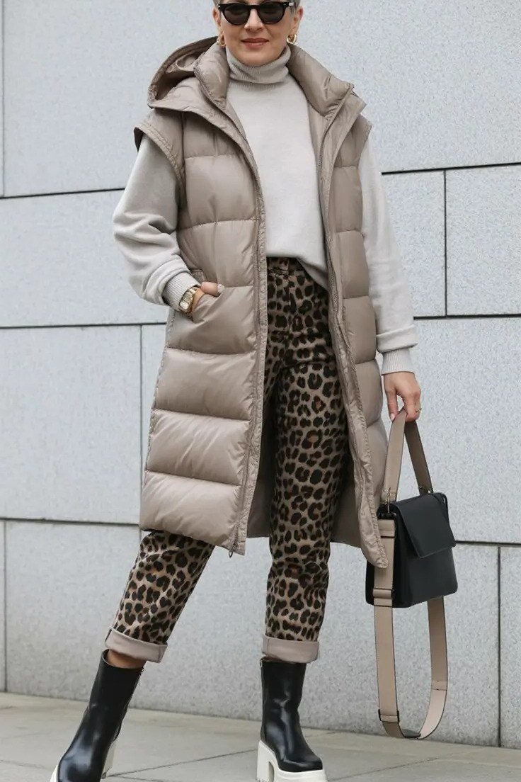 Woman over 60 wearing a taupe long puffer vest over leopard-print pants with black boots