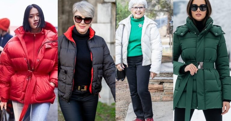 Collage of four puffer coat outfits for women over 60: red belted puffer, black puffer street style, white puffer, and green belted puffer