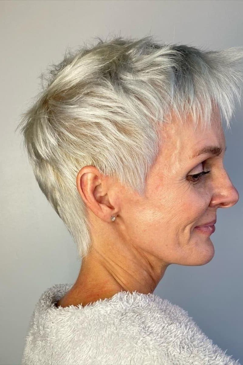 Rounded silver pixie cut for women over 60, neat shape