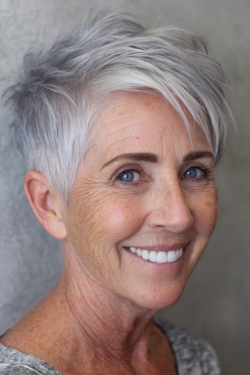 Front view silver pixie haircut for women over 60, natural makeup