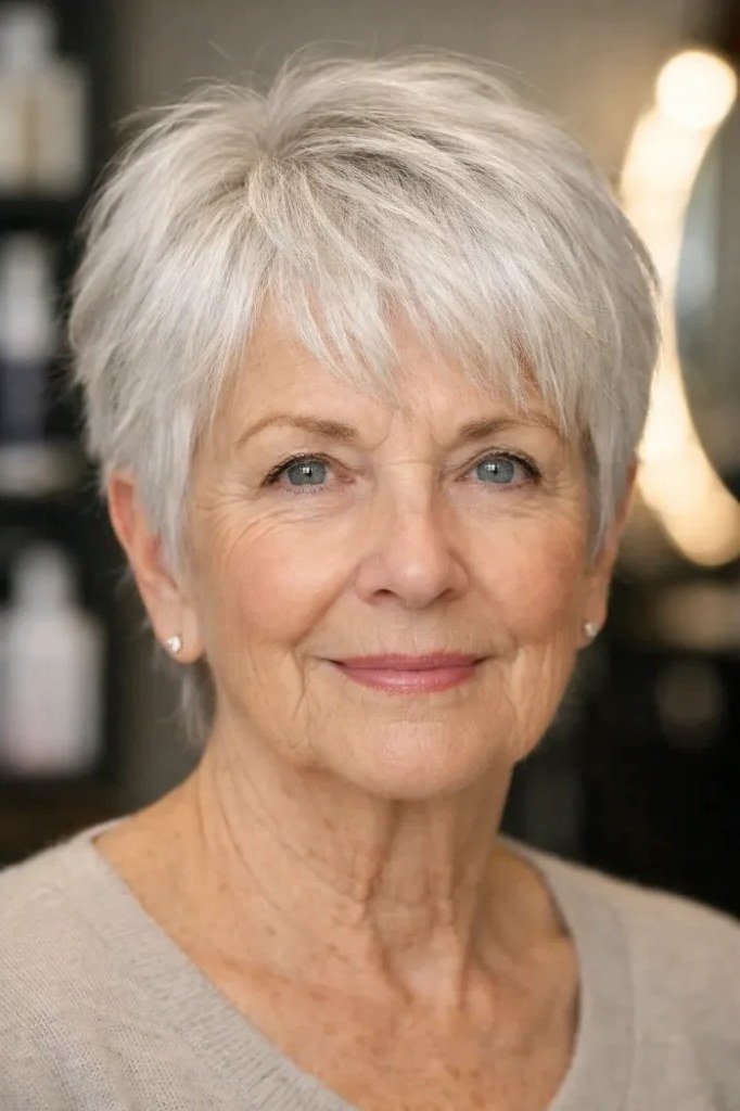 Gently tapered silver pixie for women over 60, front view