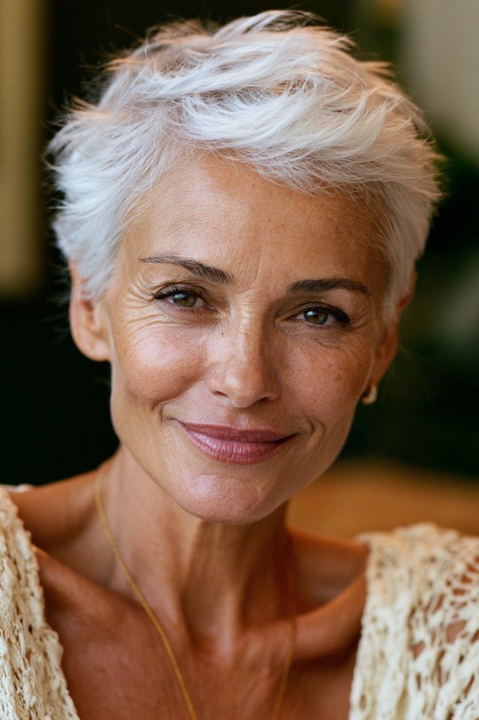 Silver pixie with layered crown for older women, warm smile
