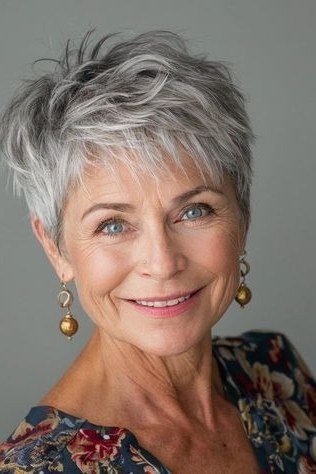 Warm salt-and-pepper pixie haircut for women over 60