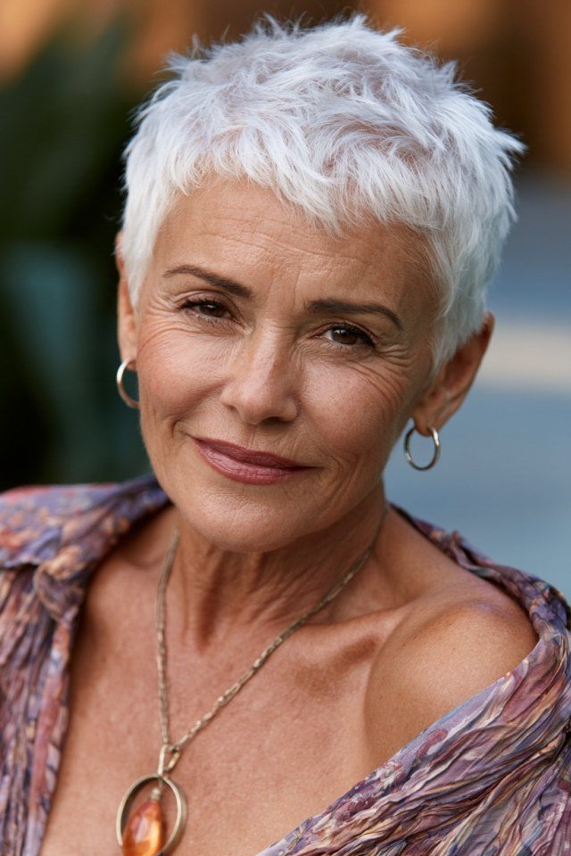 Natural layered silver pixie for mature women, soft smile
