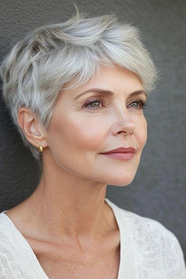 Silver pixie with smooth tapered nape, side profile