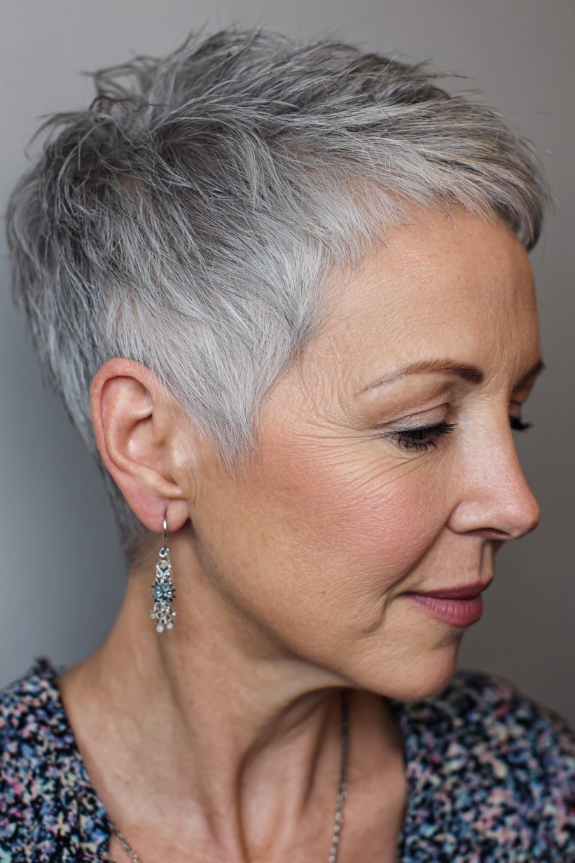 Silver pixie with side-swept fringe for women over 60