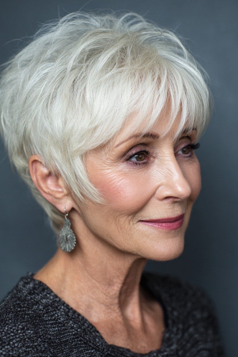 White pixie with full bangs for older women, polished cut