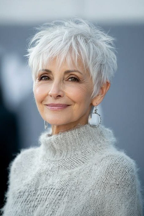 Soft rounded white pixie haircut for women over 60