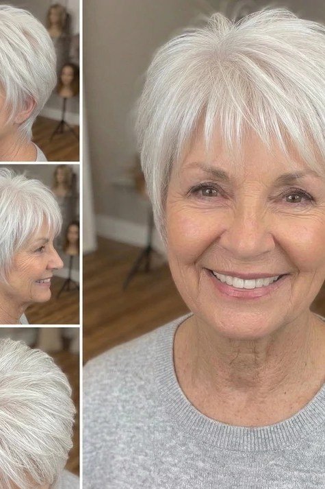 Piecey layered white pixie for women over 60, big smile