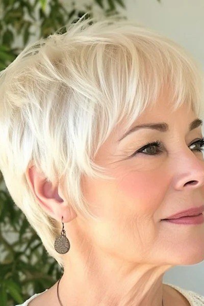 Soft layered blonde pixie for women over 60, side profile