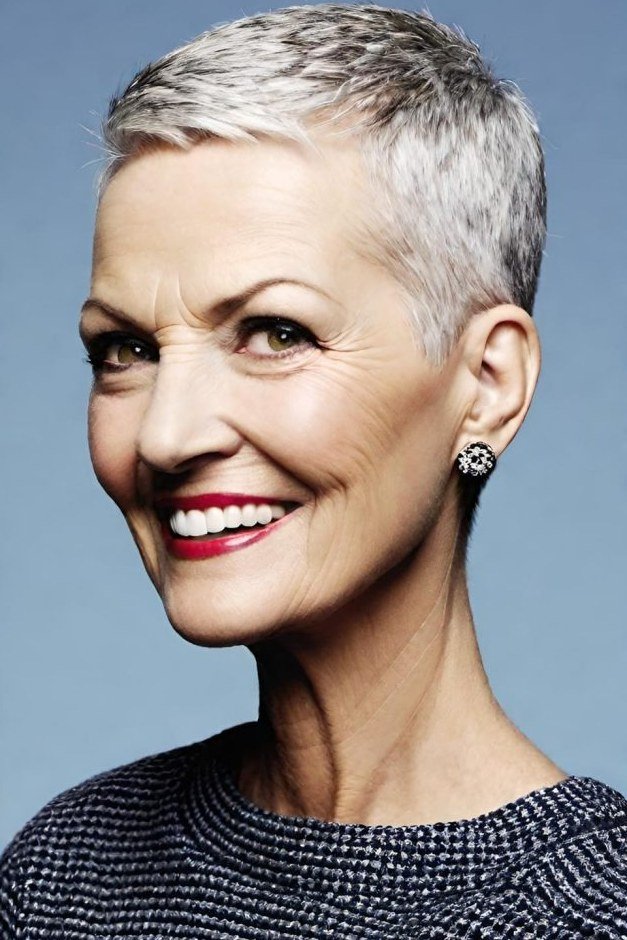 Chic silver pixie with red lipstick for women over 60