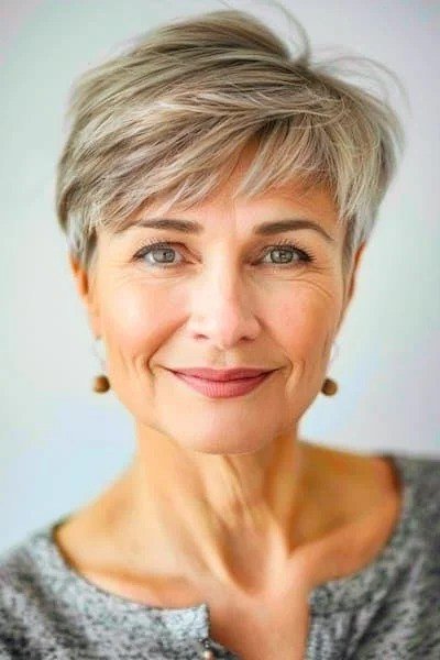 Neat layered silver pixie for older women, soft smile
