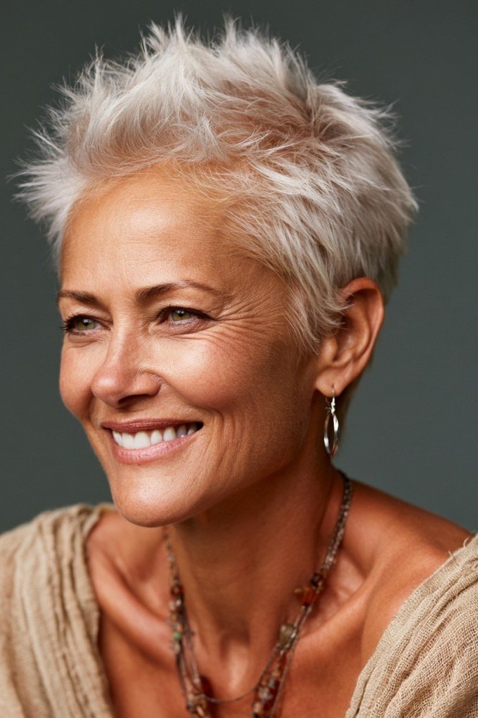 Spiky textured silver pixie for older women, joyful smile