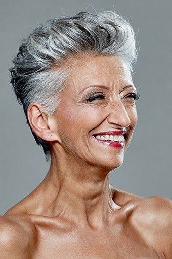Short textured laughing silver pixie for women over 60